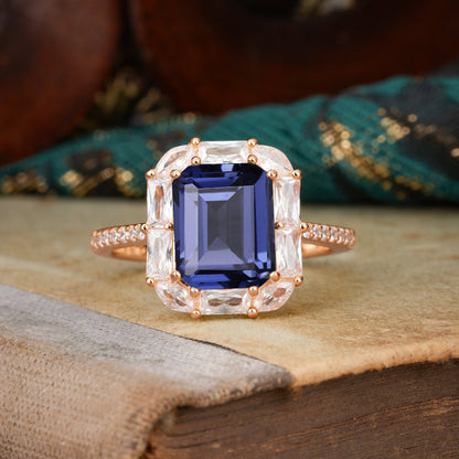 4CT Emerald Cut Tanzanite Engagement Ring Pave Halo Bridal Ring