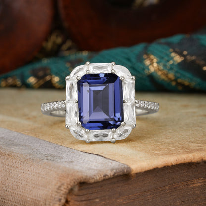 4CT Emerald Cut Tanzanite Engagement Ring Pave Halo Bridal Ring