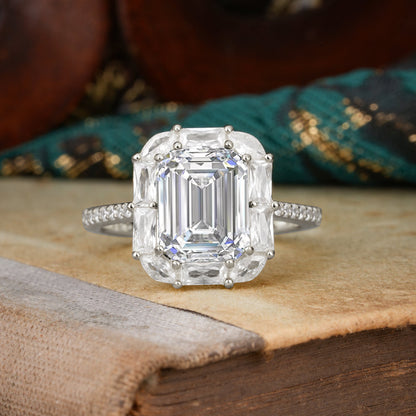 4CT Emerald Cut Lab Diamond Engagement Ring Pave Halo Bridal Ring
