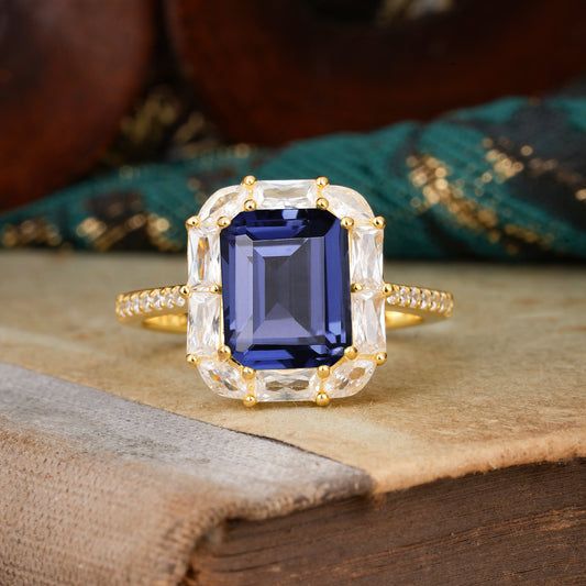 4CT Emerald Cut Tanzanite Engagement Ring Pave Halo Bridal Ring