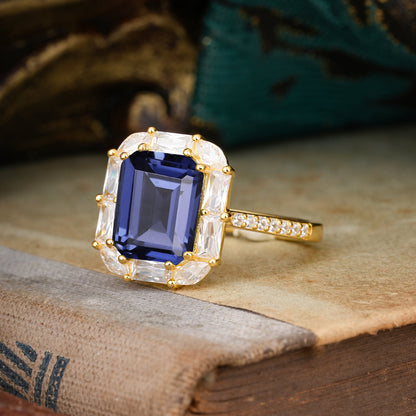 4CT Emerald Cut Tanzanite Engagement Ring Pave Halo Bridal Ring