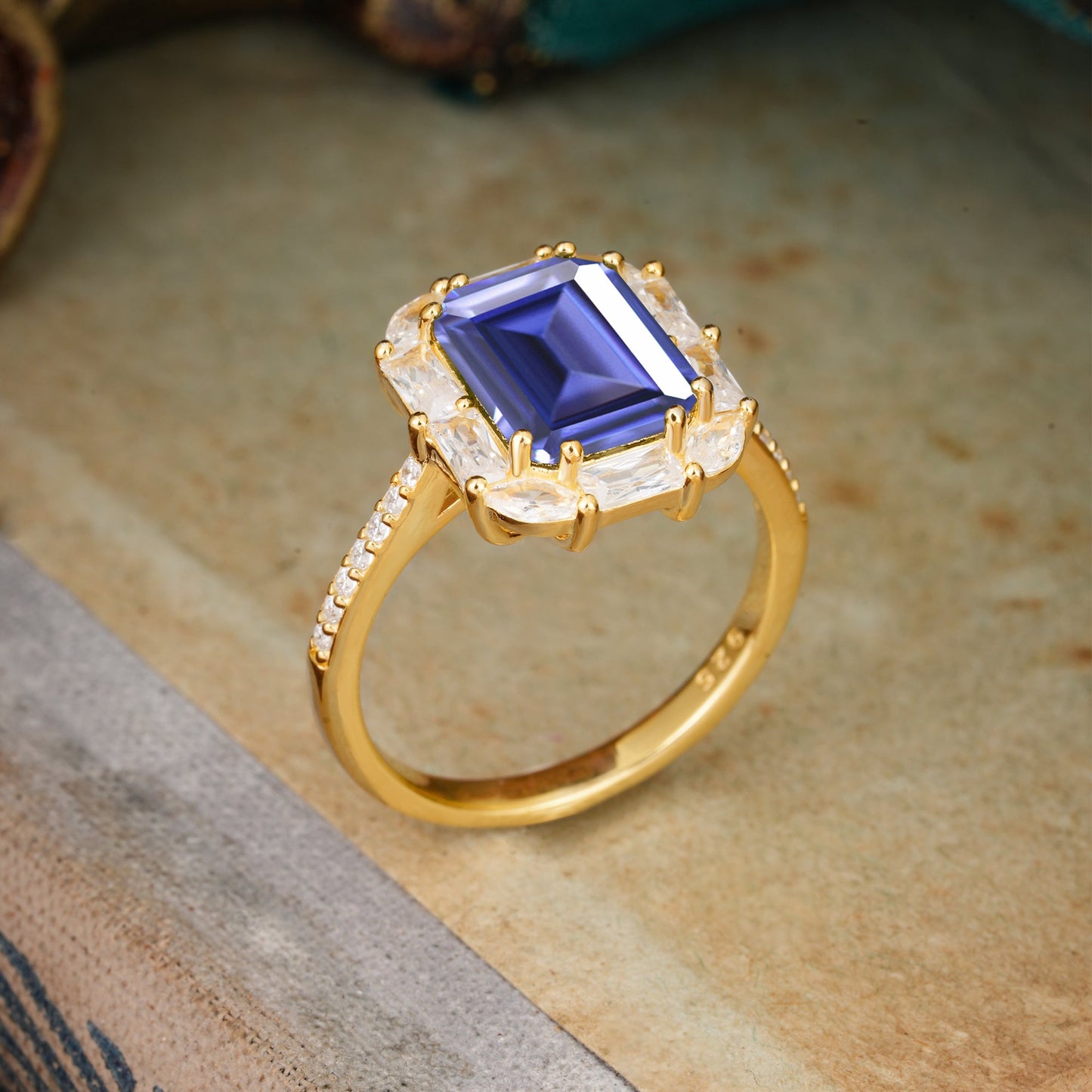 4CT Emerald Cut Tanzanite Engagement Ring Pave Halo Bridal Ring