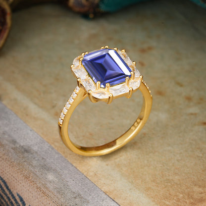 4CT Emerald Cut Tanzanite Engagement Ring Pave Halo Bridal Ring