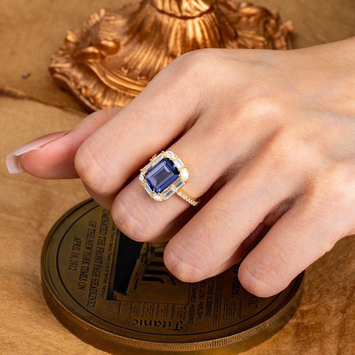4CT Emerald Cut Tanzanite Engagement Ring Pave Halo Bridal Ring