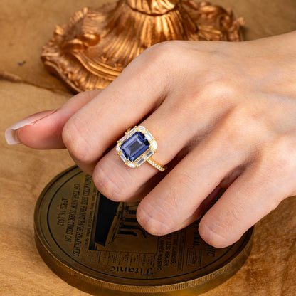 4CT Emerald Cut Tanzanite Engagement Ring Pave Halo Bridal Ring