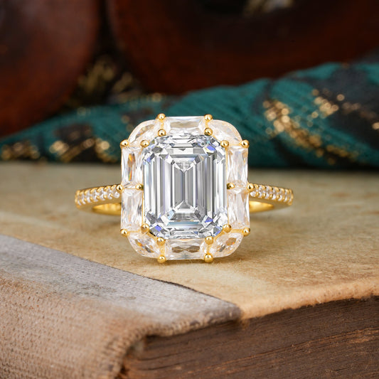 4CT Emerald Cut Lab Diamond Engagement Ring Pave Halo Bridal Ring