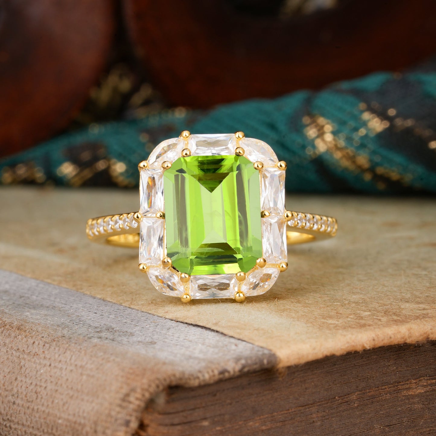 4CT Emerald Cut Peridot Engagement Ring Pave Halo Bridal Ring