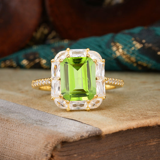 4CT Emerald Cut Peridot Engagement Ring Pave Halo Bridal Ring