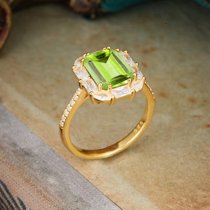 4CT Emerald Cut Peridot Engagement Ring Pave Halo Bridal Ring