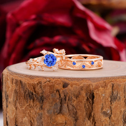 Elegant Leaf Design Sapphire Wedding Couple Ring for Her and Him