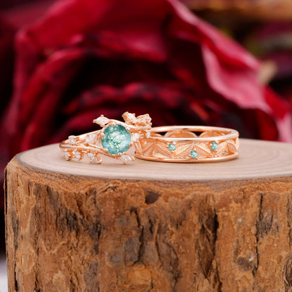 Elegant Leaf Design Moss Agate Wedding Couple Ring for Her and Him