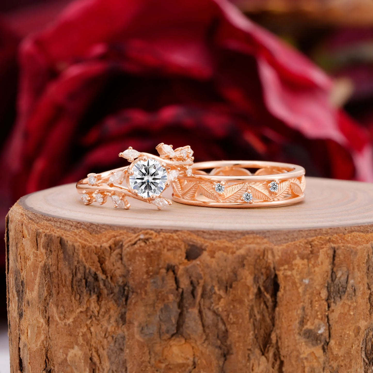 Elegant Leaf Design Lab Diamond Wedding Couple Ring for Her and Him