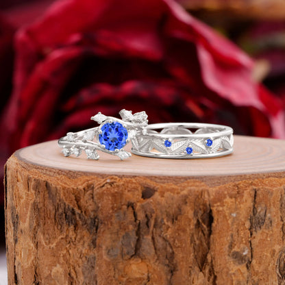 Elegant Leaf Design Sapphire Wedding Couple Ring for Her and Him