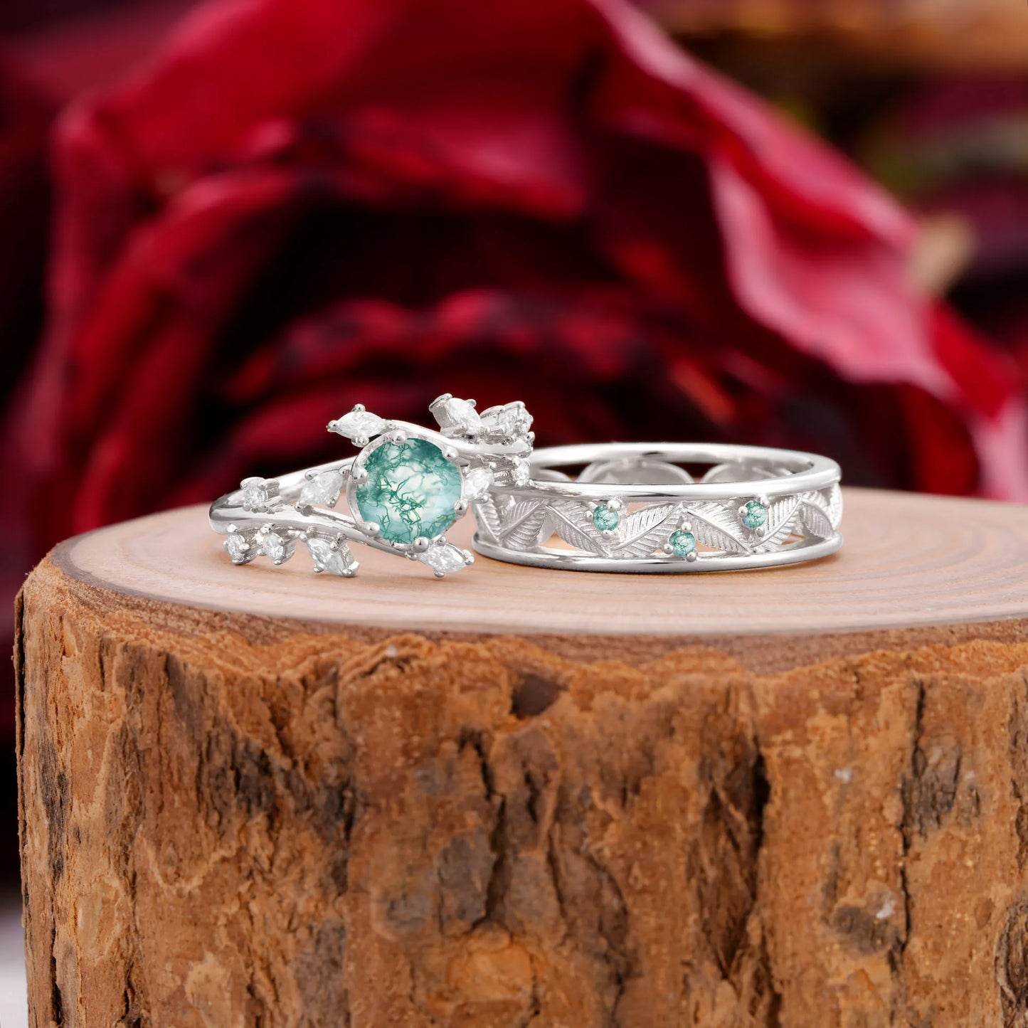 Elegant Leaf Design Moss Agate Wedding Couple Ring for Her and Him