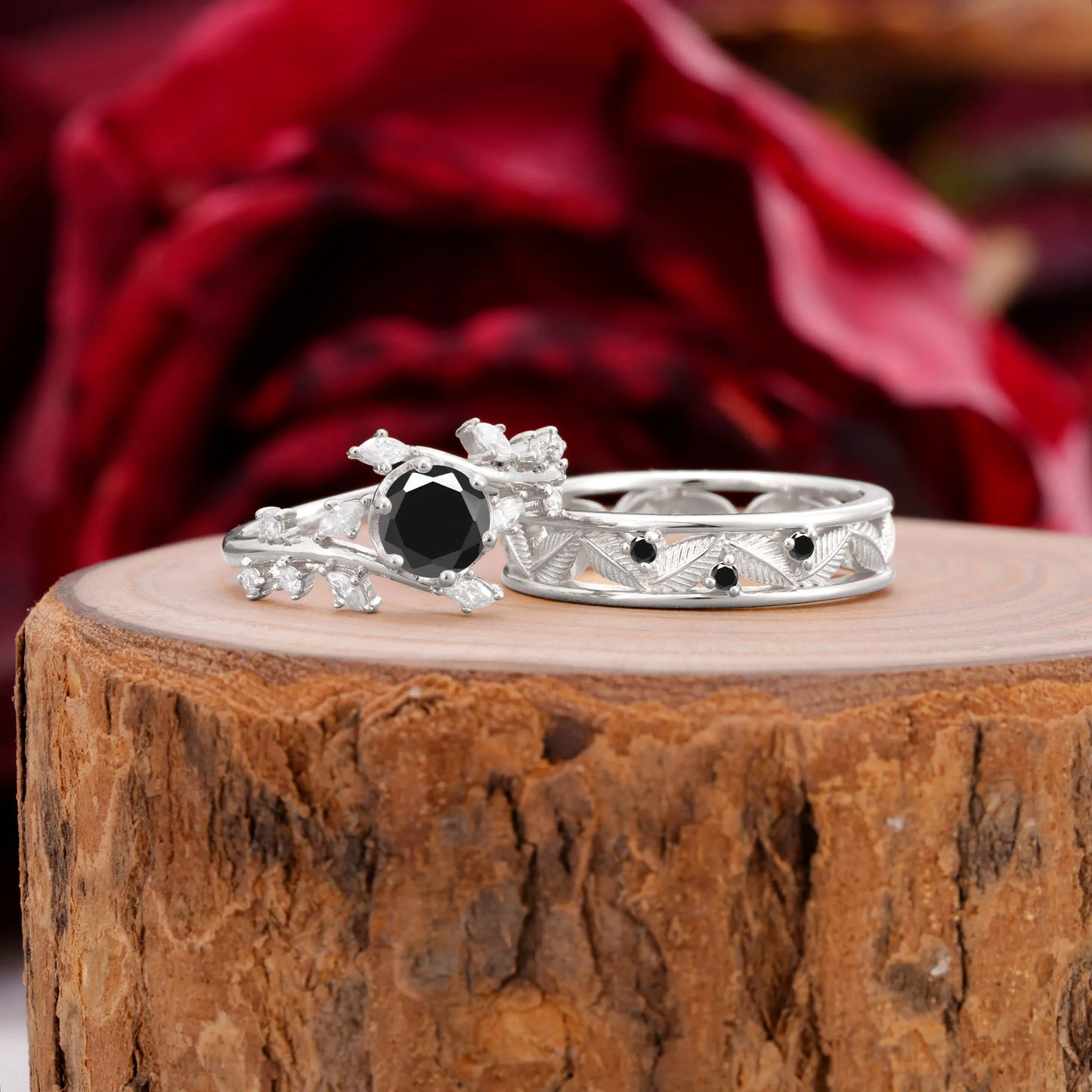 Elegant Leaf Design Black Onyx Wedding Couple Ring for Her and Him