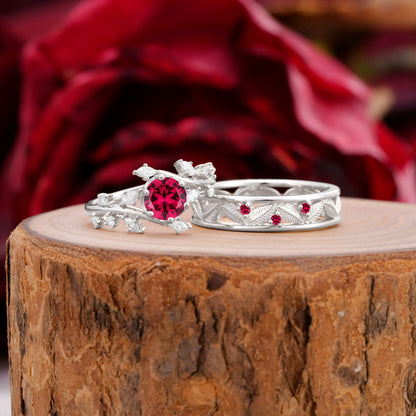 Elegant Leaf Design Ruby Wedding Couple Ring for Her and Him