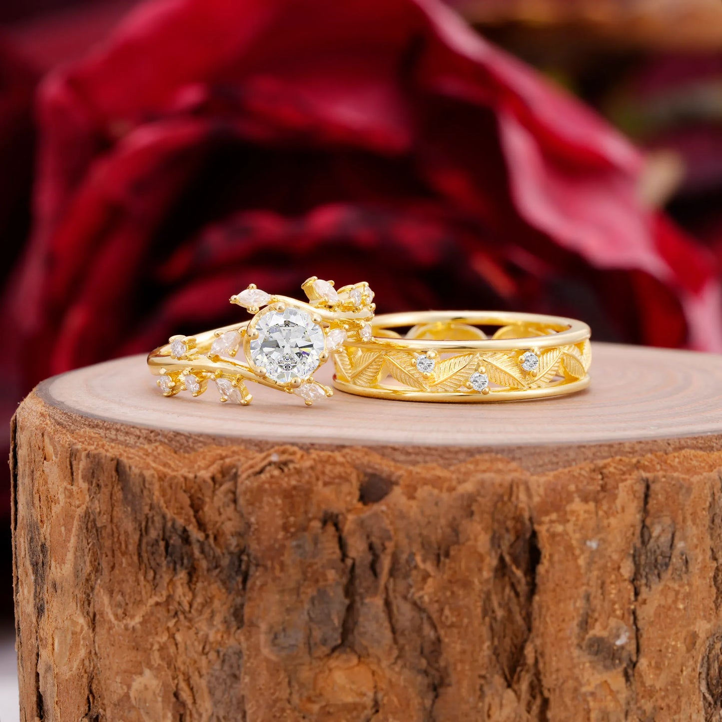 Elegant Leaf Design Moissanite Wedding Ring for Her and Him