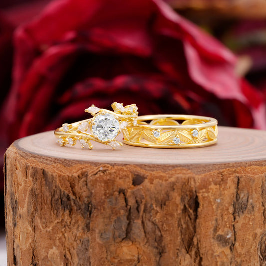 Elegant Leaf Design Moissanite Wedding Ring for Her and Him