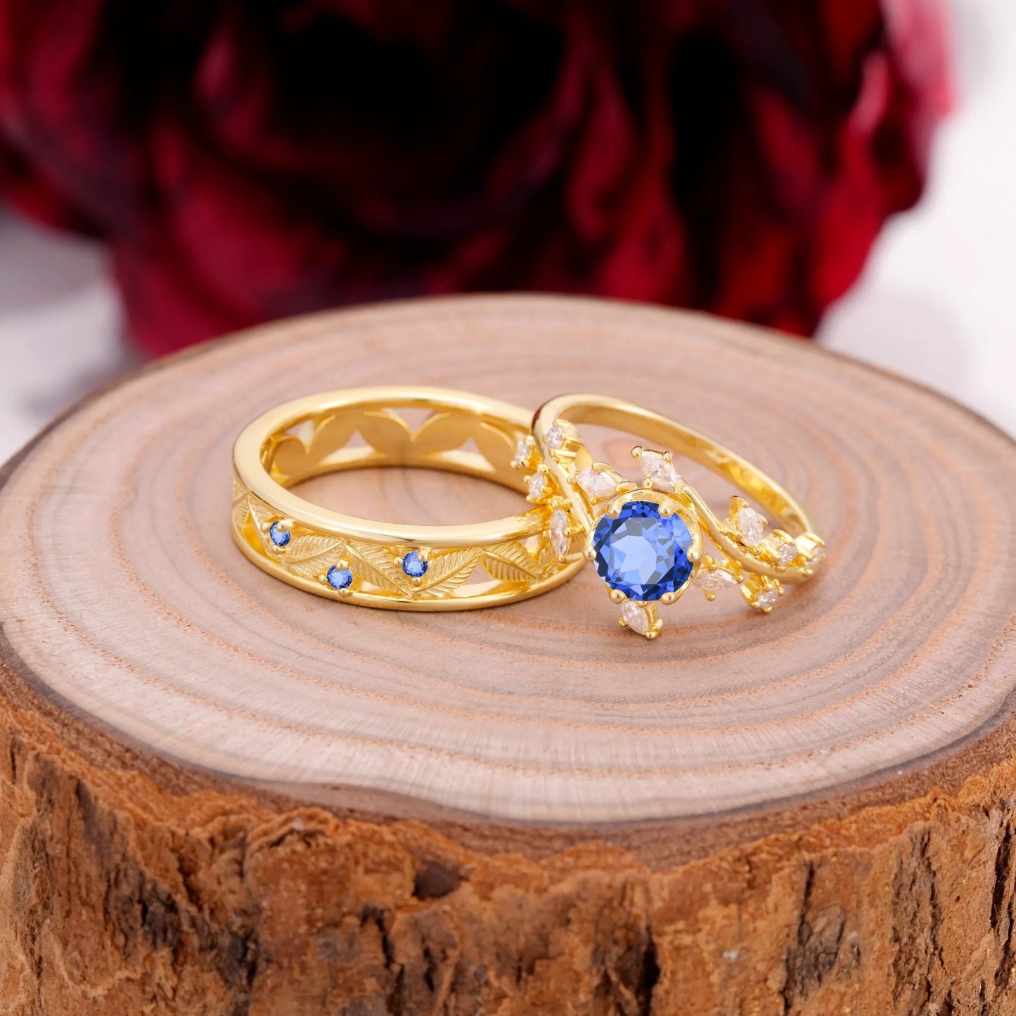Elegant Leaf Design Sapphire Wedding Couple Ring for Her and Him