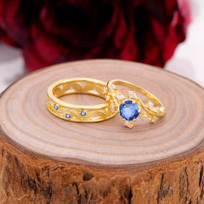 Elegant Leaf Design Sapphire Wedding Couple Ring for Her and Him
