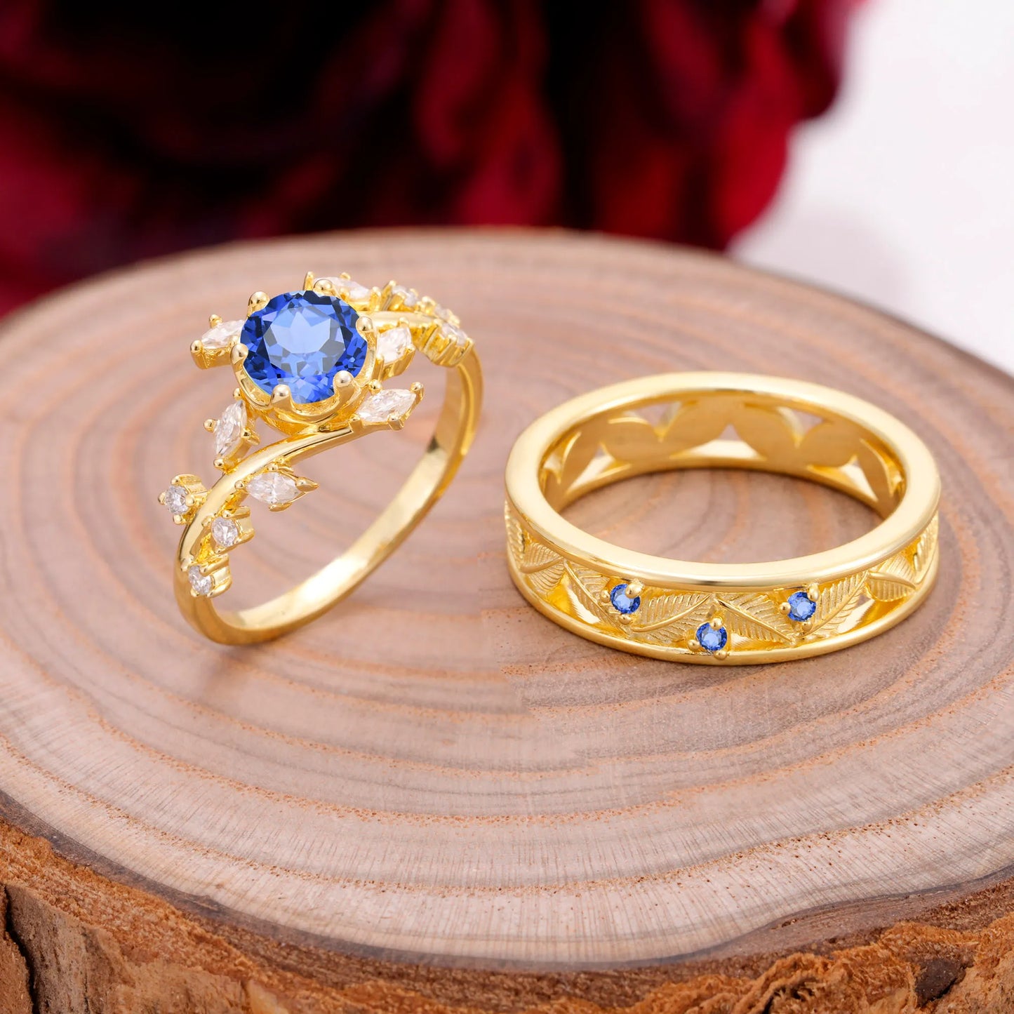 Elegant Leaf Design Sapphire Wedding Couple Ring for Her and Him