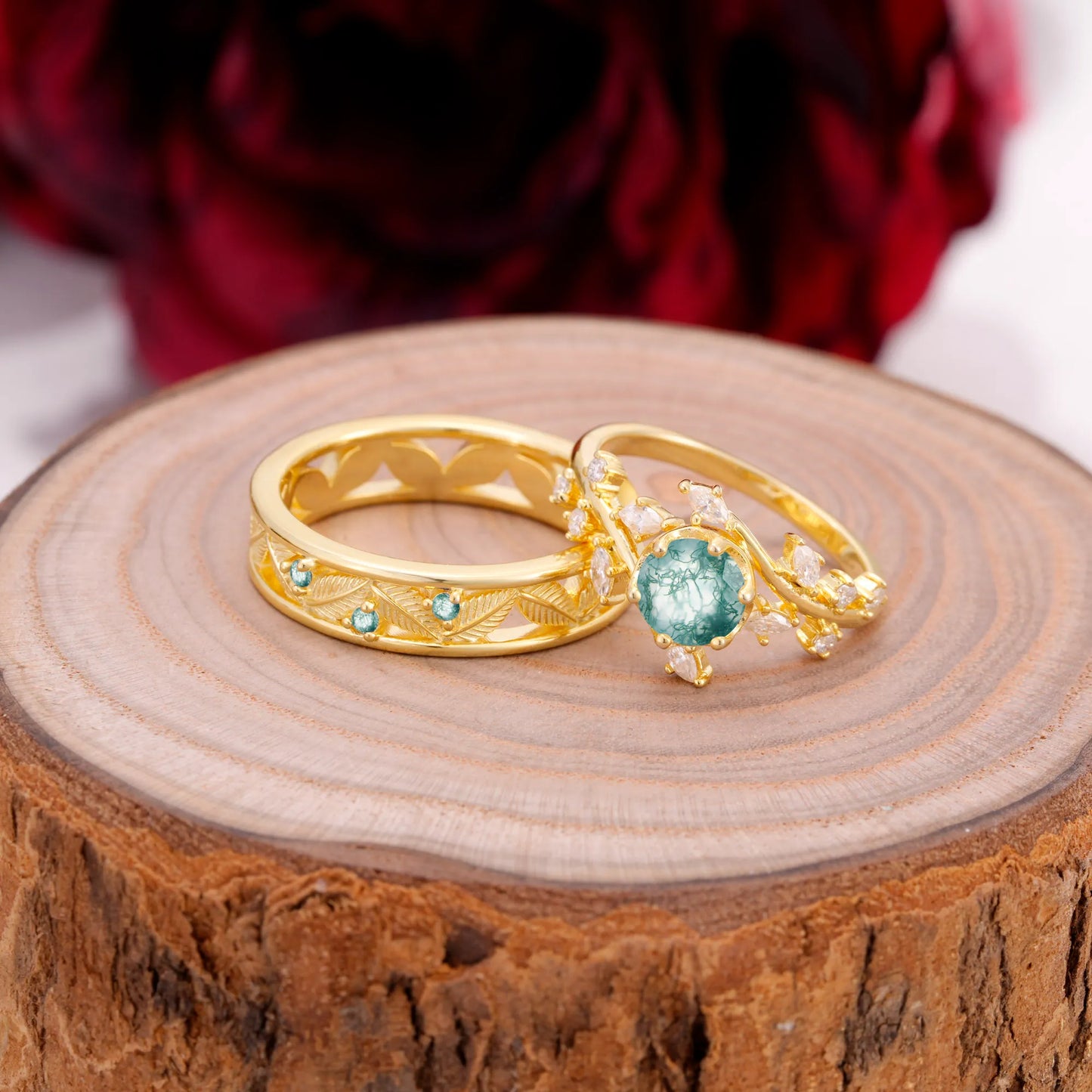 Elegant Leaf Design Moss Agate Wedding Couple Ring for Her and Him