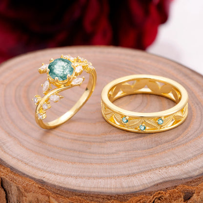 Elegant Leaf Design Moss Agate Wedding Couple Ring for Her and Him