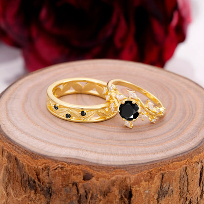 Elegant Leaf Design Black Onyx Wedding Couple Ring for Her and Him