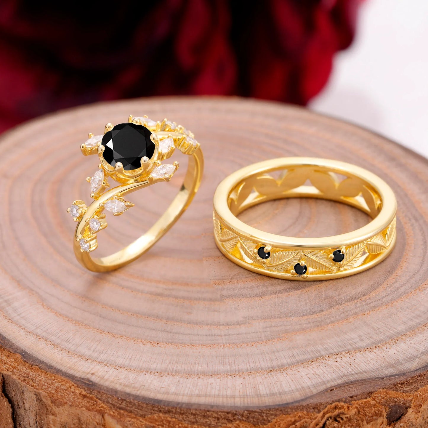 Elegant Leaf Design Black Onyx Wedding Couple Ring for Her and Him