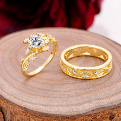 Elegant Leaf Design Lab Diamond Wedding Couple Ring for Her and Him