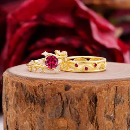 Elegant Leaf Design Ruby Wedding Couple Ring for Her and Him