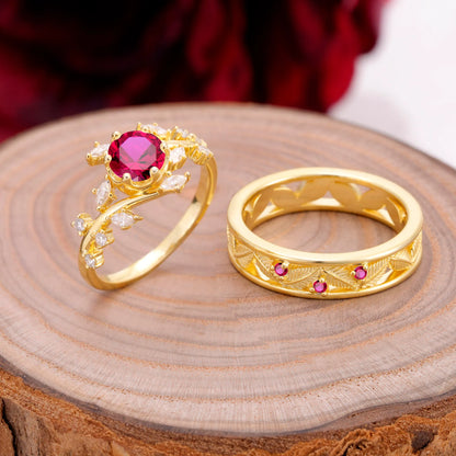Elegant Leaf Design Ruby Wedding Couple Ring for Her and Him