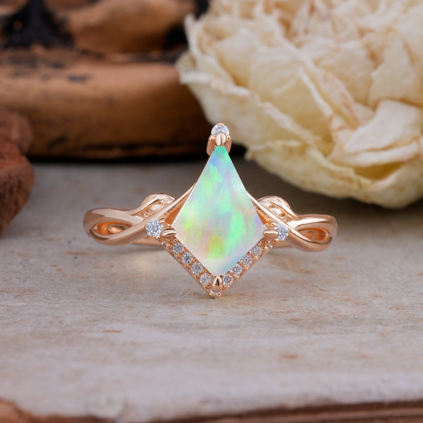 Unique Pear Cut Halo Fire Opal Engagement Ring Bezel Cluster Ring