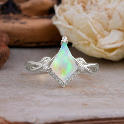 Unique Pear Cut Halo Fire Opal Engagement Ring Bezel Cluster Ring