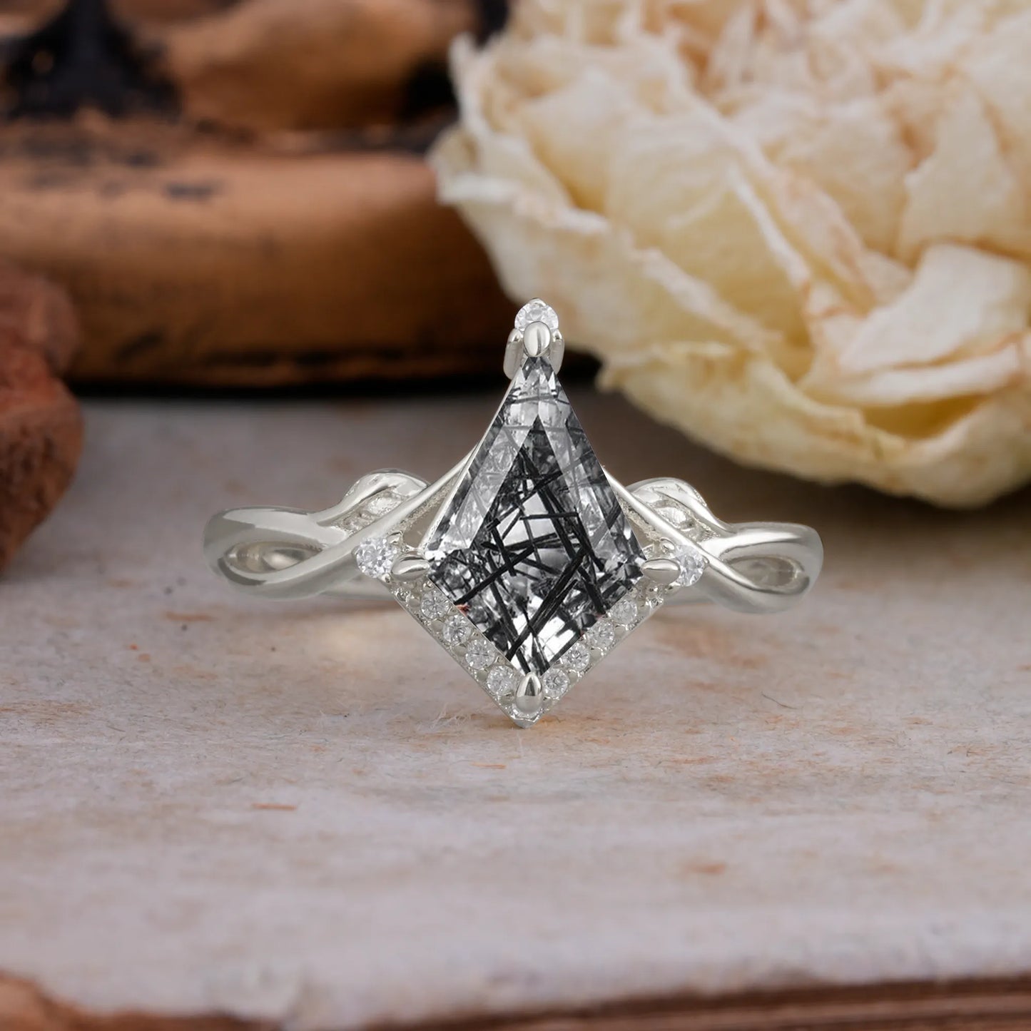 Elegant Kite Cut Black Rutilated Quartz Engagement Ring for Women
