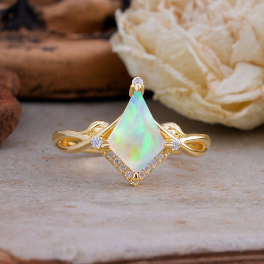Unique Pear Cut Halo Fire Opal Engagement Ring Bezel Cluster Ring