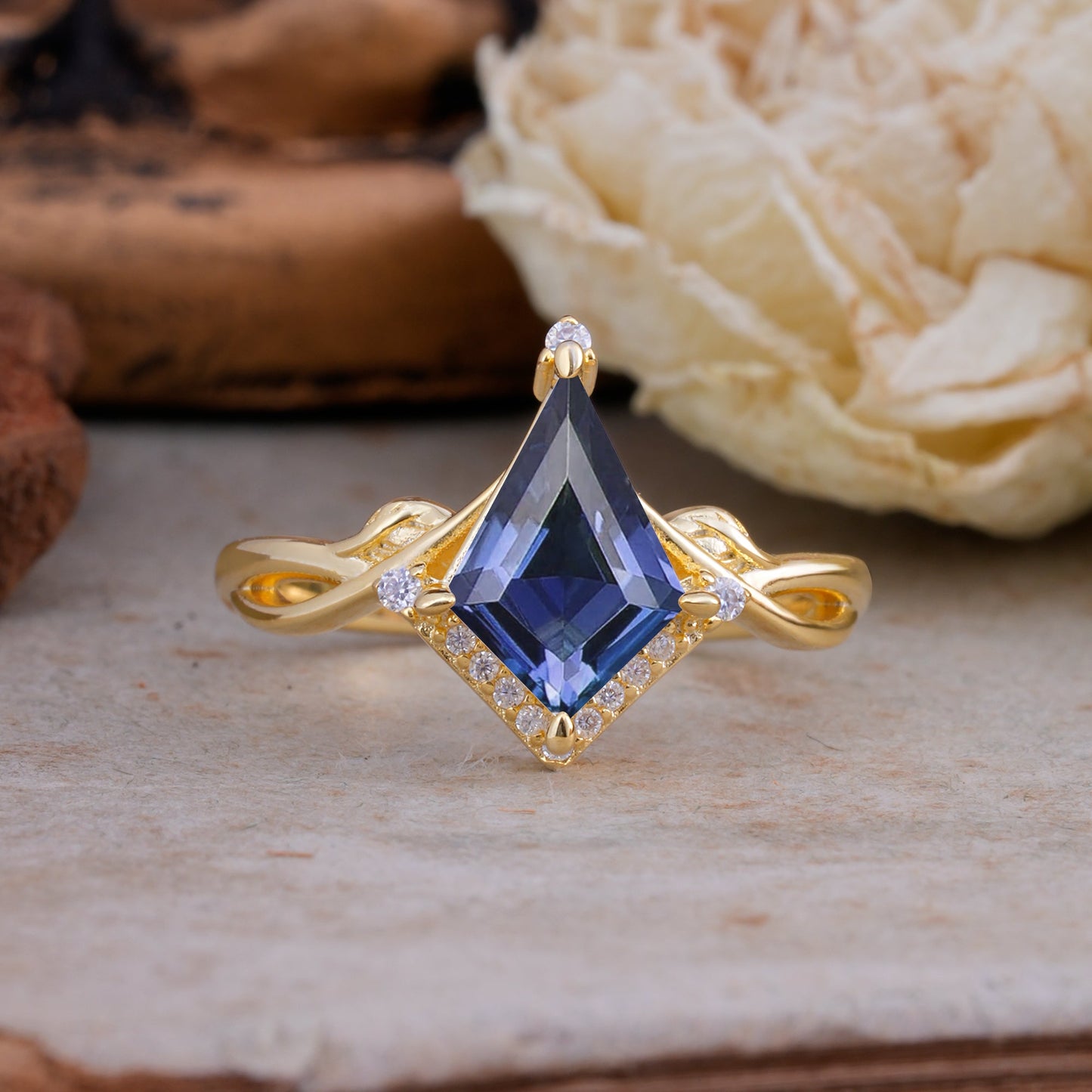 Unique Pear Cut Halo Tanzanite Engagement Ring Bezel Cluster Ring