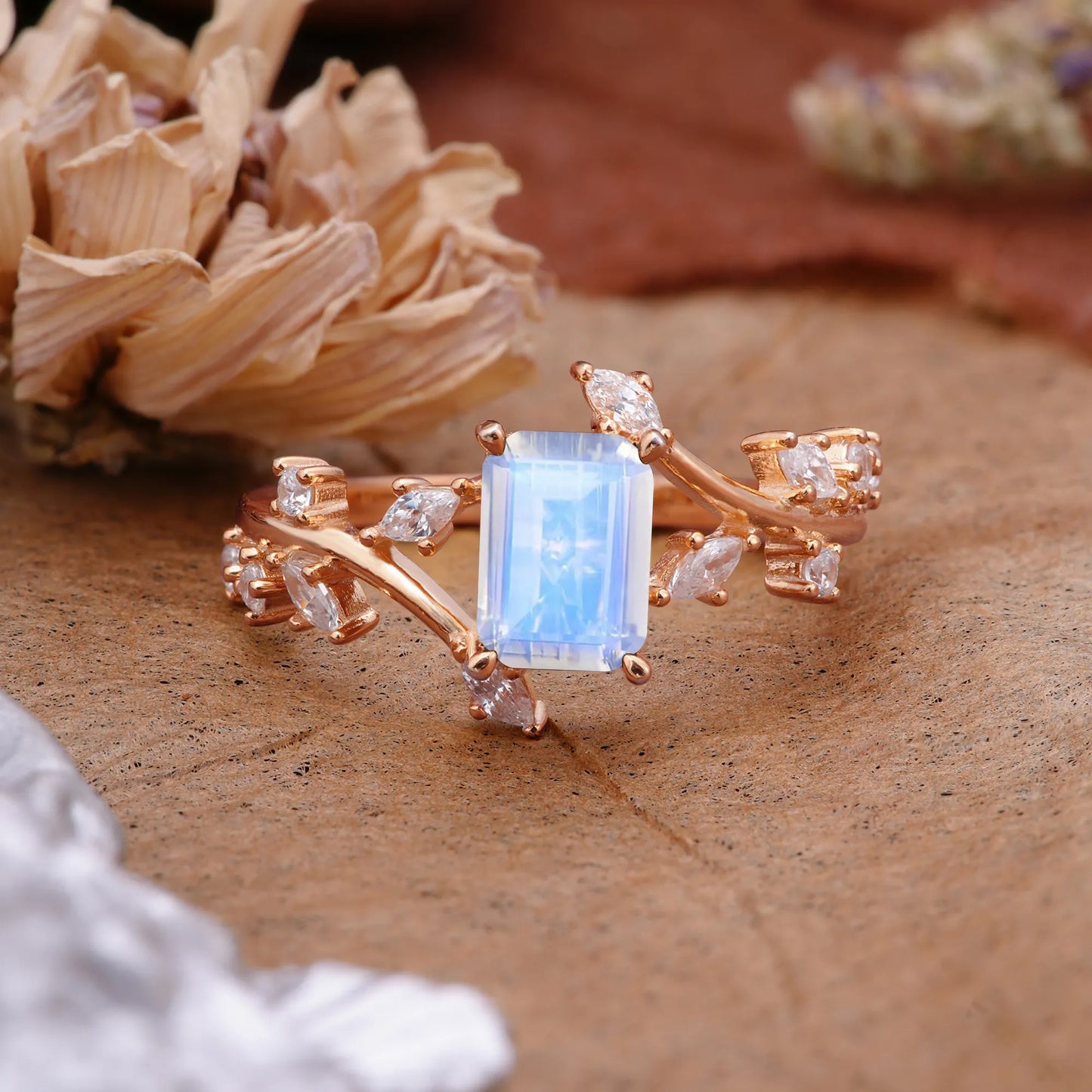 Natural-Inspired Emerald Cut Moonstone 4 Prong Engagement Ring