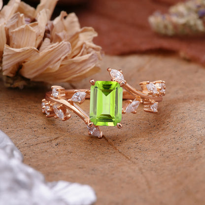 Natural-Inspired Emerald Cut Peridot 4 Prong Engagement Ring