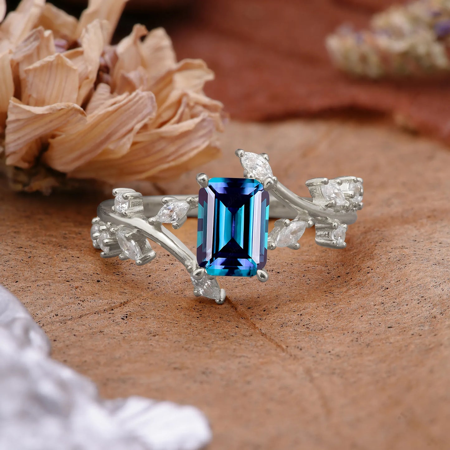 Natural-Inspired 4 Prong Emerald Cut Alexandrite Engagement Ring