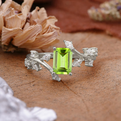 Natural-Inspired Emerald Cut Peridot 4 Prong Engagement Ring