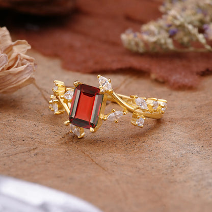 Natural-Inspired Emerald Cut Garnet 4 Prong Engagement Ring