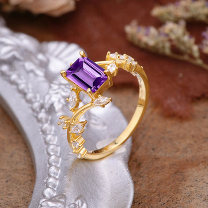 Natural-Inspired Emerald Cut Amethyst 4 Prong Engagement Ring