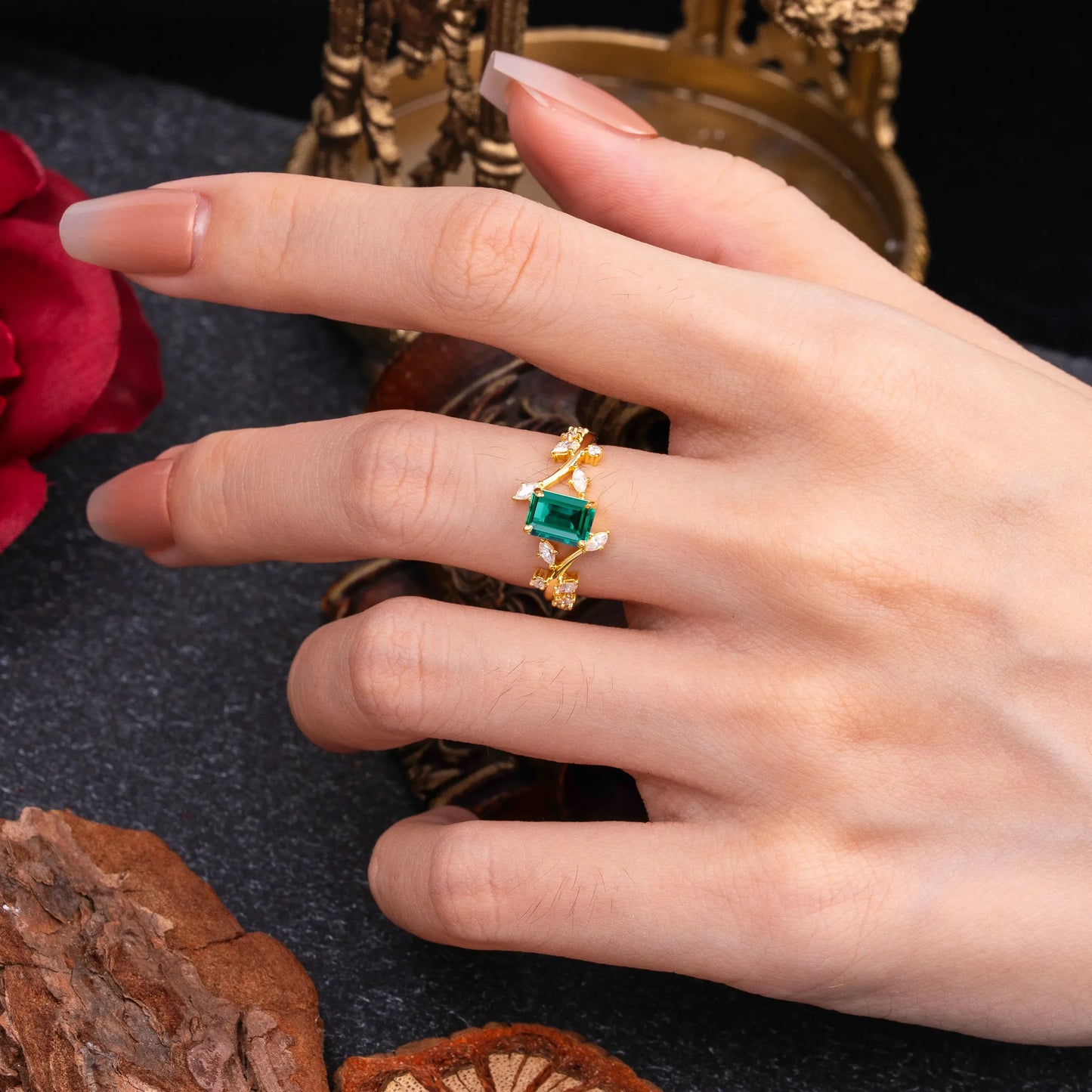 Natural-Inspired Emerald Cut Emerald 4 Prong Engagement Ring