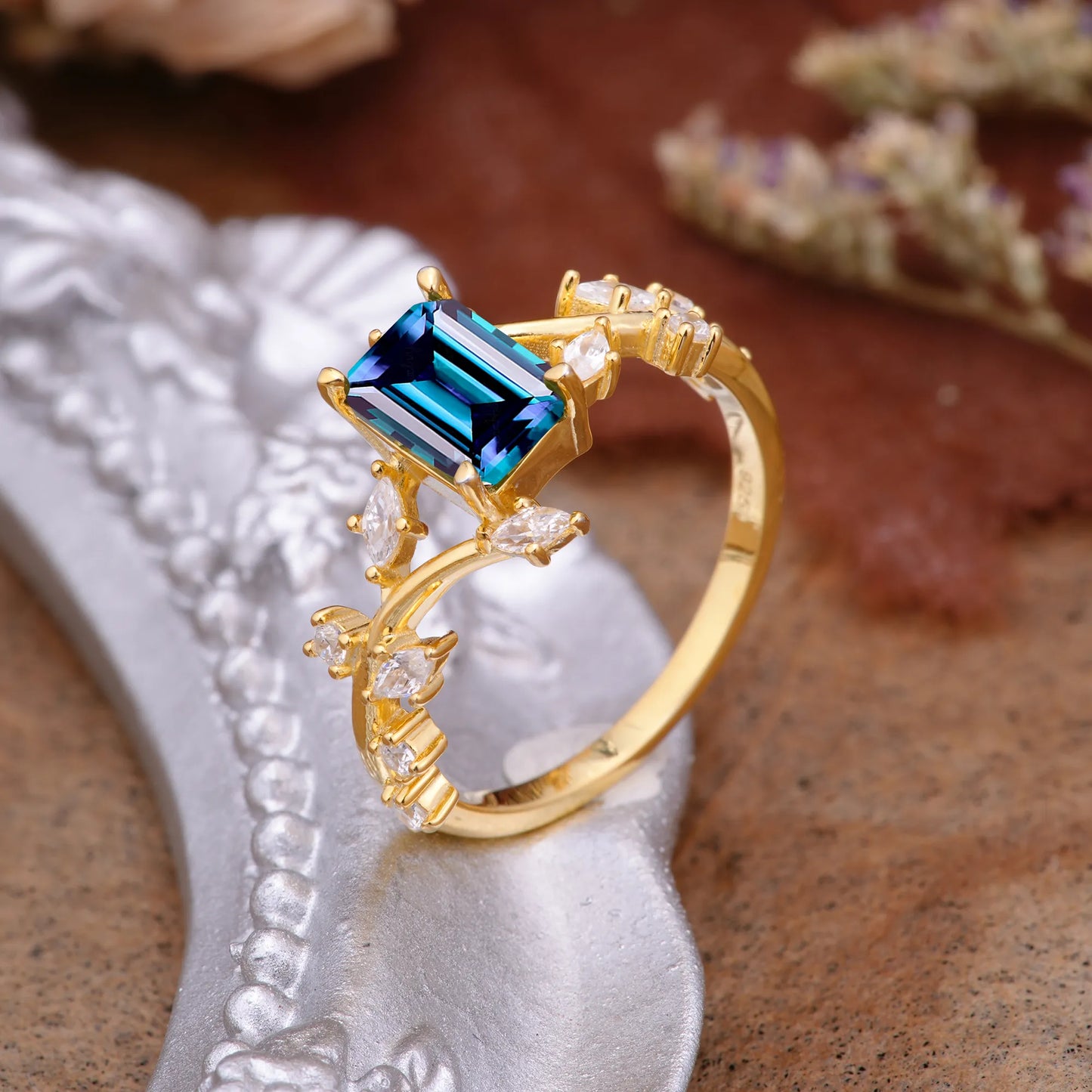 Natural-Inspired 4 Prong Emerald Cut Alexandrite Engagement Ring