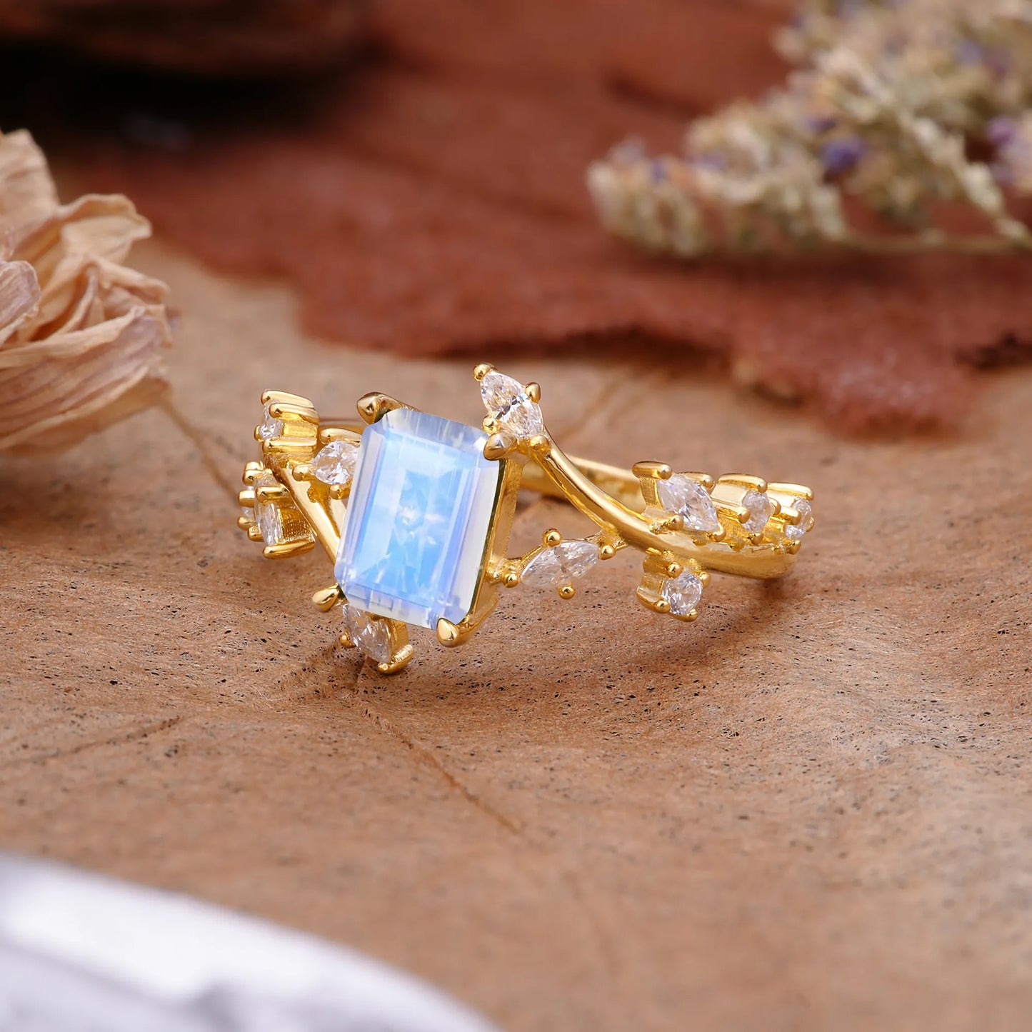 Natural-Inspired Emerald Cut Moonstone 4 Prong Engagement Ring