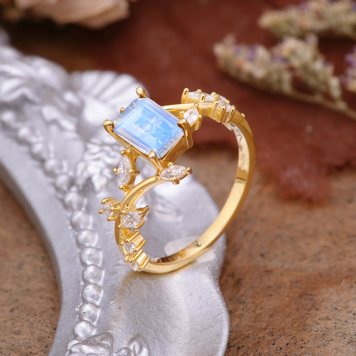 Natural-Inspired Emerald Cut Moonstone 4 Prong Engagement Ring