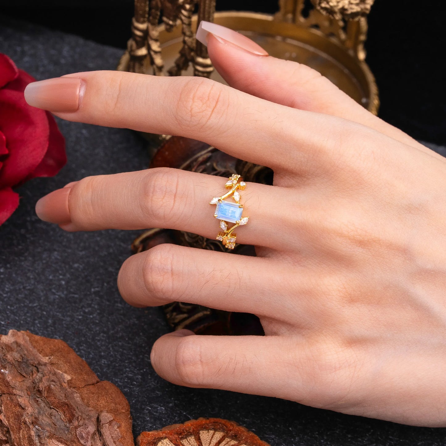 Natural-Inspired Emerald Cut Moonstone 4 Prong Engagement Ring