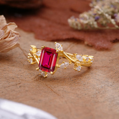 Natural-Inspired Emerald Cut Ruby 4 Prong Engagement Ring