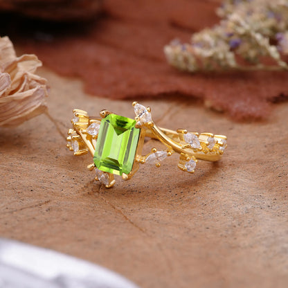 Natural-Inspired Emerald Cut Peridot 4 Prong Engagement Ring